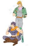  bad_id bad_pixiv_id black_hair blonde_hair boots bubble caesar_anthonio_zeppeli facial_mark feathers fingerless_gloves gloves green_eyes green_jacket indian_style jacket jojo_no_kimyou_na_bouken joseph_joestar_(young) midriff multiple_boys muscle nkraae purple_hair scarf sitting 