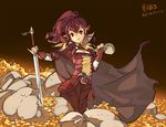  1girl anna_(fire_emblem) bag belt boots breasts bridal_gauntlets cape charm_(object) cleavage coin dated fire_emblem fire_emblem:_kakusei flat_chest gold junkpuyo long_hair nintendo ponytail red red_background red_eyes red_hair simple_background small_breasts smile solo standing stuffed_animal stuffed_toy sword teddy_bear treasure weapon 