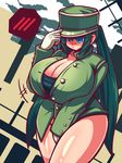  1girl blue_eyes bottomless breasts cleavage covering covering_crotch covering_pussy female gloves green_hair hat hatsune_miku huge_breasts long_hair long_twintails military no_panties raion-san solo standing thighs twintails vocaloid white_gloves 