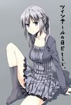  :/ blue_eyes breasts cleavage copyright_request dress frown grey_background grey_hair hair_tie himura_kiseki jacket knee_up large_breasts looking_at_viewer sad simple_background sitting socks solo thighhighs translated zettai_ryouiki 