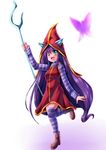  animal_ears boots dress ears_through_headwear green_eyes hat league_of_legends long_hair long_sleeves lulu_(league_of_legends) one_eye_closed open_mouth purple_hair solo staff striped striped_legwear thighhighs very_long_hair witch_hat xano 