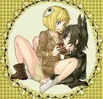  2girls animal_ears black_hair blonde_hair blue_eyes blush brown_hair chocolate couple dominica_s_gentile gift jane_t_godfrey military military_uniform multiple_girls open_mouth short_hair sitting sitting_on_person tail uniform valentine world_witches_series yuri 