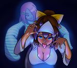  bent_over blue_eyes blue_skin blush borrowed_character bow breasts brown_hair cleavage downblouse dual_persona ghost glowing hair_bow hair_ornament hair_over_one_eye hairclip humanization ian_chase large_breasts licking_lips long_hair marina_(noill) multiple_girls no_bra original oversized_clothes ponytail purple_hair striped striped_sweater sweater tongue tongue_out 