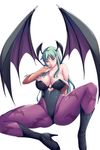  animal_print bare_shoulders bat_print bat_wings boots breasts bridal_gauntlets demon_girl elbow_gloves finger_to_mouth gloves green_eyes green_hair head_wings high_heels kongeraatio large_breasts leotard long_hair morrigan_aensland pantyhose print_legwear purple_wings shoes solo succubus thick_thighs thighs vampire_(game) wings 