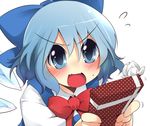  aki_(akikaze_asparagus) blue_dress blue_eyes blue_hair blush bow box cirno determined dress face fang gift gift_box hair_bow ice ice_wings open_mouth shirt solo touhou upper_body valentine wings 