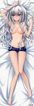  absurdres areola_slip areolae arm_up barefoot breasts d: dakimakura full_body genderswap genderswap_(mtf) hair_censor hair_over_breasts highres kisakinomiya_chihaya knees_together_feet_apart legs medium_breasts navel no_bra norita open_mouth otome_wa_boku_ni_koishiteru otome_wa_boku_ni_koishiteru_futari_no_elder purple_eyes scan school_swimsuit solo swimsuit swimsuit_pull tears white_hair 