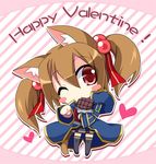  animal_ears blush_stickers brown_hair cat_ears chibi chocolate happy_valentine heart one_eye_closed red_eyes short_hair short_twintails silica silica_(sao-alo) sword_art_online tail thighhighs tougo twintails valentine 