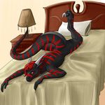  alientknight bed bedroom black_body black_dragon claws digitigrade dragon fareed glowing hair hindpaw horn inviting long_ears looking_at_viewer lying male nude on_front paws pillow raised_leg red_eyes red_hair scalie soles solo stripes toes 