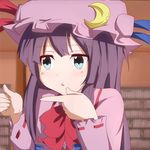  :&lt; animated animated_gif blue_eyes bow chuunibyou_demo_koi_ga_shitai! crescent hat long_hair lowres parody patchouli_knowledge pointing purple_hair ram_hachimin solo sparkling_daydream touhou 