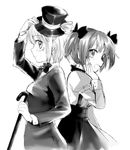 alternate_costume bad_id bad_pixiv_id bow bowtie cane dddoochi1 dress formal gloves greyscale hair_bow hat kaname_madoka mahou_shoujo_madoka_magica miki_sayaka monochrome multiple_girls musical_note short_twintails smile suit top_hat tuxedo twintails 