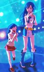  blue_hair boots dual_persona idolmaster idolmaster_(classic) kisaragi_chihaya kyouno microphone multiple_girls music pigeon-toed red_eyes singing time_paradox younger 