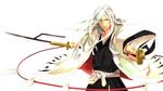  1boy bleach dual_wielding haori highres japanese_clothes katana long_hair mad369 male male_focus red_eyes solo sword taichou_haori ukitake_juushirou weapon white_hair 