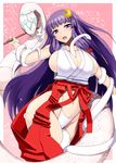  alternate_costume between_breasts blush breasts cleavage crescent crescent_hair_ornament gohei hair_ornament highleg highleg_panties huge_breasts ishimiso_(ishimura) japanese_clothes long_hair looking_at_viewer miko navel open_mouth panties patchouli_knowledge purple_eyes purple_hair snake solo touhou underwear 