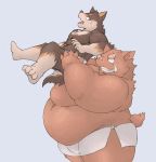  2019 anthro belly blush boar brown_fur canine dog duo fur gabu2929 humanoid_hands male mammal obese overweight porcine simple_background 