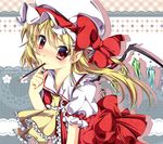  ascot bad_id bad_pixiv_id blonde_hair blush bow finger_to_face flandre_scarlet food hat hat_bow heart hikobae mouth_hold pocky pointy_ears red_eyes short_hair short_sleeves side_ponytail smile solo symbol-shaped_pupils touhou valentine wings 