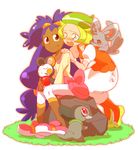  apple axew bel_(pokemon) beret blonde_hair blush brown_eyes chajka crying dark_skin emolga food fruit gen_5_pokemon green_eyes hair_ornament hands_on_shoulders hat iris_(pokemon) long_hair long_skirt minccino multiple_girls pokemon pokemon_(anime) pokemon_(creature) pokemon_bw_(anime) purple_hair rock sitting skirt very_long_hair white_skirt 