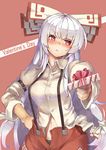  blush bow box breasts dress_shirt english frown fujiwara_no_mokou gift gift_box ginko_(nico) giving hair_bow hand_on_hip incoming_gift long_hair looking_away medium_breasts navel panties red_eyes shirt silver_hair simple_background solo suspenders text_focus touhou underwear valentine 
