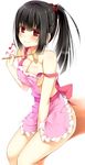  apron beamed_eighth_notes black_hair blush breasts cleavage covered_nipples eighth_note highres large_breasts long_hair musical_note naked_apron original peragura ponytail red_eyes ribbon sitting sixteenth_note smile solo strap_slip 