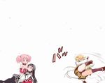  acrobatics akemi_homura black_hair black_legwear black_panties blonde_hair blush breakdance drill_hair hairband kaname_madoka long_hair magical_girl mahou_shoujo_madoka_magica motion_lines multiple_girls panties pantyhose pink_hair purple_eyes short_hair short_twintails teri_terio thighhighs tomoe_mami twintails underwear 