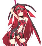  aka_no_ripika bare_shoulders beatmania beatmania_iidx contrapposto kuro_(be_ok) long_hair navel red_eyes red_hair smile solo standing striped striped_legwear thigh_strap thighhighs vertical-striped_legwear vertical_stripes very_long_hair white_background 
