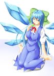  alternate_breast_size ascot bad_feet barefoot blue_eyes blue_hair bow breasts cirno dress eating food from_above hair_bow highres ice ice_wings large_breasts long_hair looking_at_viewer looking_up niwatazumi older popsicle ribbon sitting sketch solo touhou very_long_hair wariza watermelon_bar wings 
