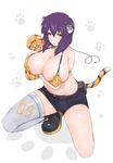  animal_ears bikini_top boots breasts cleavage denim denim_shorts ghost_in_the_shell highres huge_breasts kusanagi_motoko libre paws purple_hair red_eyes shorts single_thighhigh solo tail thighhighs tiger_ears tiger_tail 