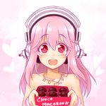  :d blush box_of_chocolates bracelet chocolate collarbone food headphones heart jewelry long_hair looking_at_viewer macaron necklace nitroplus okitakung open_mouth pink_background pink_hair red_eyes smile solo super_sonico topless upper_body valentine 