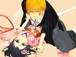  1boy 1girl 3_(200870239) black_hair bleach facial_mark flower grin hair_flower hair_ornament japanese_clothes kimono kuchiki_rukia kurosaki_ichigo looking_at_viewer lying mouth_hold on_back orange_eyes orange_hair paintbrush purple_eyes short_hair smile wrist_grab 