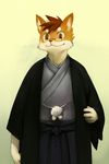  brown_hair canine eyewear fur glasses hair happy japanese_clothing kimono male mammal smile solo tan_fur vu06 white_fur 