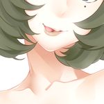  bare_shoulders brown_hair close-up collarbone head_out_of_frame idolmaster idolmaster_cinderella_girls licking_lips mole mole_under_eye open_mouth short_hair smile solo takagaki_kaede tongue tongue_out touryou 