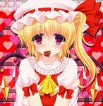  ascot blonde_hair blush flandre_scarlet hat hat_ribbon heart heart_background highres mouth_hold plaid plaid_background red_eyes ribbon shimotsuki_keisuke short_hair side_ponytail smile solo touhou wings 