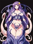  1girl black_background blush breasts crescent_moon cresent female ishimura_(ishimura-ya) large_breasts living_armor living_clothes long_hair miso_(misosiruoisi) moon navel patchouli_knowledge purple_eyes purple_hair simple_background solo tentacle touhou 