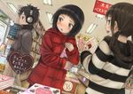  2girls bad_id bad_pixiv_id black_hair blush brown_eyes chocolate coat convenience_store gift headphones heart hiding highres long_hair multiple_girls open_mouth original shop short_hair smile taka_(tsmix) twintails valentine 