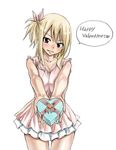  blonde_hair blush box brown_eyes dress fairy_tail gift gift_box happy_valentine heart heart-shaped_box long_hair lucy_heartfilia mashima_hiro official_art one_side_up ribbon smile solo speech_bubble valentine 