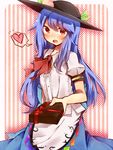  :o blue_hair blush box food fruit hat heart hinanawi_tenshi long_hair open_mouth peach red_eyes solo tamagogayu1998 touhou v-shaped_eyebrows valentine 