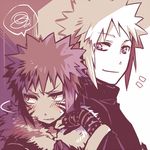  2boys blush father_and_son looking_away lowres male male_focus menma_(naruto) monochrome multiple_boys namikaze_minato naruto naruto:_road_to_ninja naruto_shippuuden short_hair smile yosakuh 