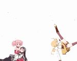  acrobatics akemi_homura black_hair black_legwear black_panties blonde_hair blush breakdance drill_hair hairband kaname_madoka long_hair magical_girl mahou_shoujo_madoka_magica multiple_girls panties pantyhose pink_hair purple_eyes short_hair short_twintails teri_terio thighhighs tomoe_mami twintails underwear 