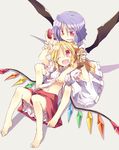  :d ;d barefoot bat_wings blonde_hair commentary_request fang fangs feet flandre_scarlet food long_hair multiple_girls navel no_hat no_headwear one_eye_closed open_mouth pocky purple_hair remilia_scarlet satou_kibi shirt_lift short_hair siblings side_ponytail sisters skirt smile tickling touhou v-shaped_eyebrows wings 