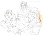  3boys bottle drinking eating food gol_d_roger hat hat_removed headwear_removed male male_focus meat monkey_d_luffy mono_(caoton) multiple_boys one_piece outline samui_(artist) scar shanks shirt sitting sketch spot_color stampede_string straw_hat striped striped_shirt time_paradox young younger 