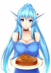  bare_shoulders blue_eyes blue_hair breasts chocolate chocolate_heart choker cleavage detached_sleeves english head_fins heart jewelry large_breasts lintanghaseo long_hair off-shoulder_sweater original pendant solo split_ponytail sweater valentine 