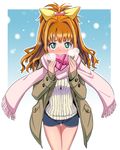  blush bow bowieknife breath brown_hair chocolate chocolate_heart green_eyes hair_bow hair_ornament heart heart-shaped_pupils hino_akane_(idolmaster) idolmaster idolmaster_cinderella_girls long_hair scarf shorts snowing solo sweater symbol-shaped_pupils thigh_gap thighs valentine yellow_bow 