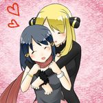  age_difference blonde_hair blue_hair blush bracelet choker closed_eyes fur_trim hair_ornament hairclip heart hikari_(pokemon) hug hug_from_behind jewelry lowres multiple_girls pink_background pokemon red_scarf scarf shirona_(pokemon) umino-maguro yuri 