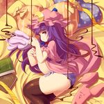  black_legwear blueberry_(5959) book chocolate covering covering_breasts crescent hat long_hair lying on_side panties patchouli_knowledge purple_eyes purple_hair purple_panties solo striped striped_panties thighhighs touhou underwear 