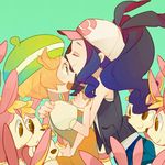  baseball_cap bel_(pokemon) beret blonde_hair blush brown_hair closed_eyes green_eyes hagiko hat high_ponytail hug multiple_girls pokemon pokemon_(game) pokemon_bw surprised touko_(pokemon) yuri 