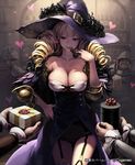  :p alcohol armor bad_id bad_pixiv_id bar beer belt blonde_hair box breasts chocolate cleavage collarbone drill_hair feathers garter_straps gift gift_box hand_on_hip hat heart large_breasts lena_(zoal) long_hair purple_eyes shingeki_no_bahamut smile tongue tongue_out valentine witch_hat 