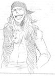  1boy bandanna edward_newgate long_hair male male_focus mono_(caoton) monochrome one_piece open_clothes open_shirt samui_(artist) scar shirt sketch smile solo young younger 