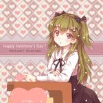  :o blush bow green_hair hair_bow happy_valentine heart heart-shaped_pupils highres long_hair long_sleeves north_abyssor original red_eyes solo symbol-shaped_pupils two_side_up valentine 