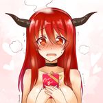  blush box breasts choker embarrassed fake_horns gift gift_box heart horns large_breasts long_hair looking_at_viewer maou_(maoyuu) maoyuu_maou_yuusha nude okitakung open_mouth red_eyes red_hair solo valentine wavy_mouth 