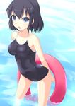  :o arms_behind_back black_hair blue_eyes breasts impossible_clothes impossible_swimsuit innertube kuro_(be_ok) medium_breasts one-piece_swimsuit original short_hair solo swimsuit wading water 