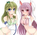  animal_ears arm_warmers between_breasts blue_eyes blush bra breasts bunny_ears bunny_tail chimunge cleavage detached_sleeves frog_hair_ornament green_bra green_hair green_panties hair_ornament highres kochiya_sanae large_breasts long_hair long_sleeves looking_at_viewer multiple_girls panties pink_eyes pink_panties purple_hair reisen_udongein_inaba simple_background smile tail touhou underwear underwear_only white_background wide_sleeves 